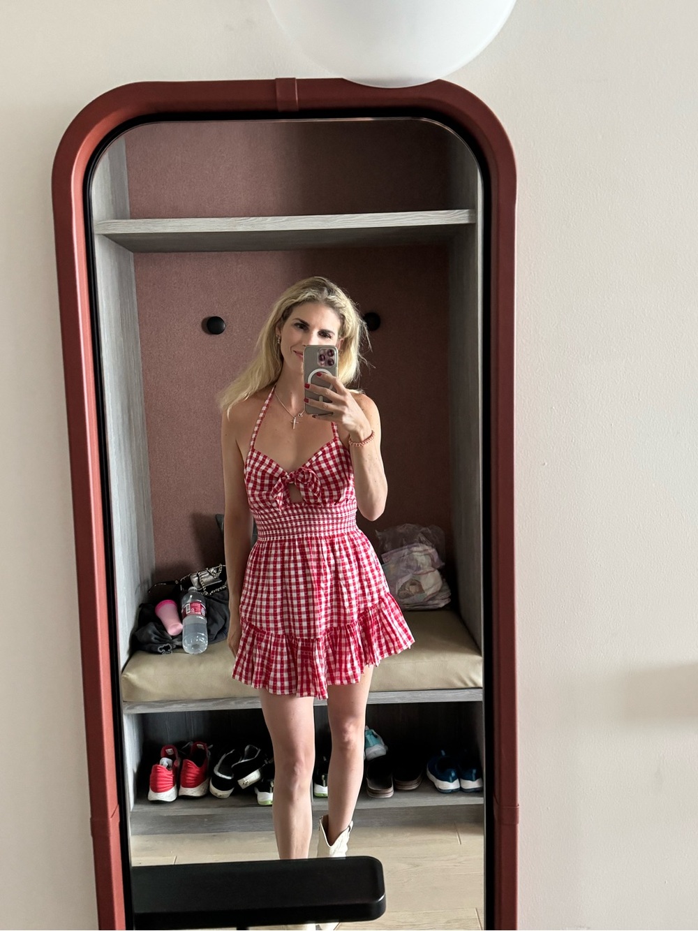 LoveShackFancy Red Gingham Halter Mini Dress